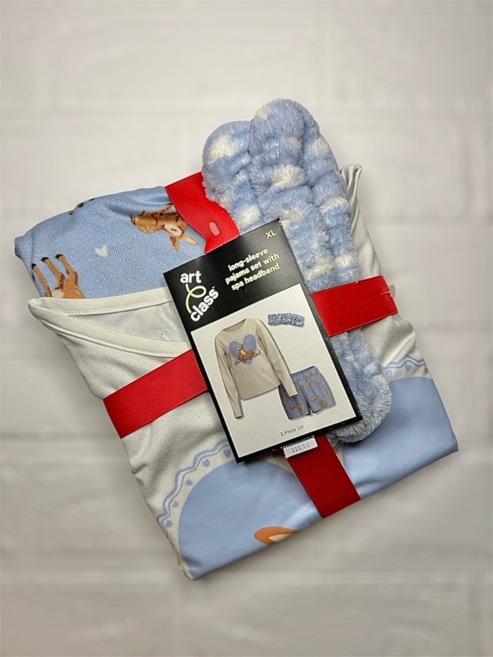 New art class Light Blue and White Kids 3-Piece Pajama Set with Plush Headband